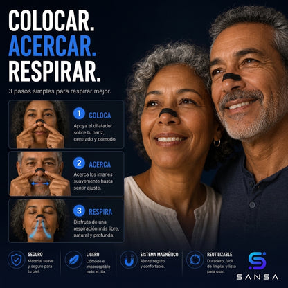 Pareja con el dilatador nasal MagFlow Pro y los 3 pasos para colocarlo