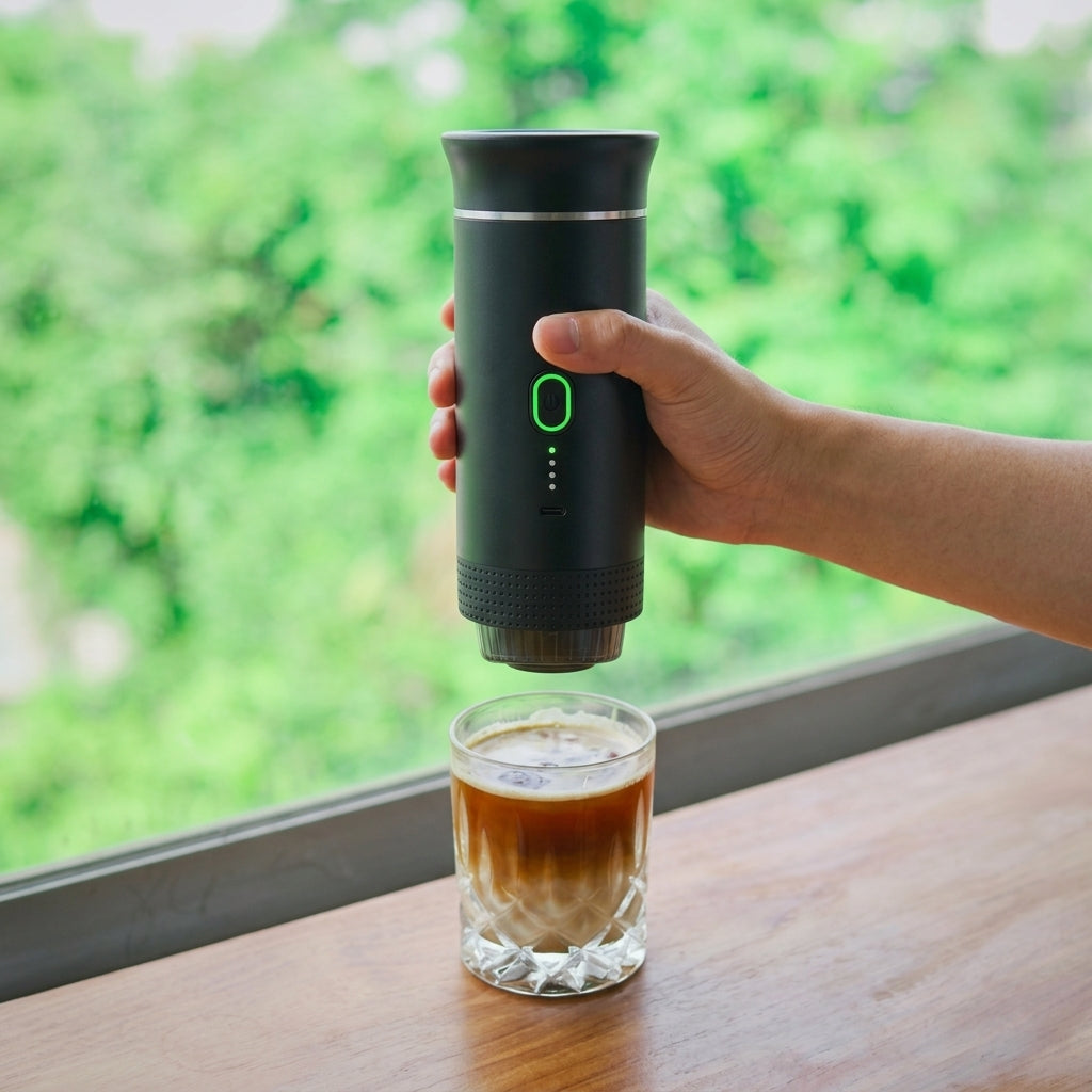 Botón con luz verde de la cafetera portátil Nómada