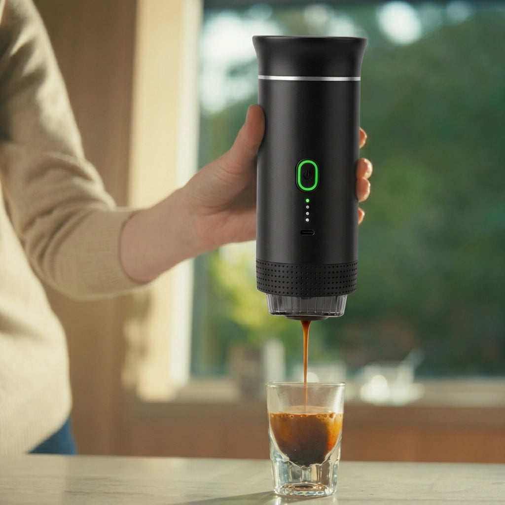 Espresso recién hecho con la cafetera portátil Nómada en el trabajo