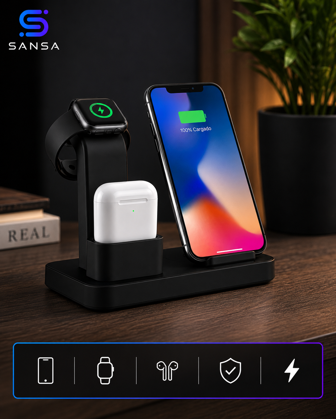 Teléfono colocado en el cargador inalámbrico TriSync