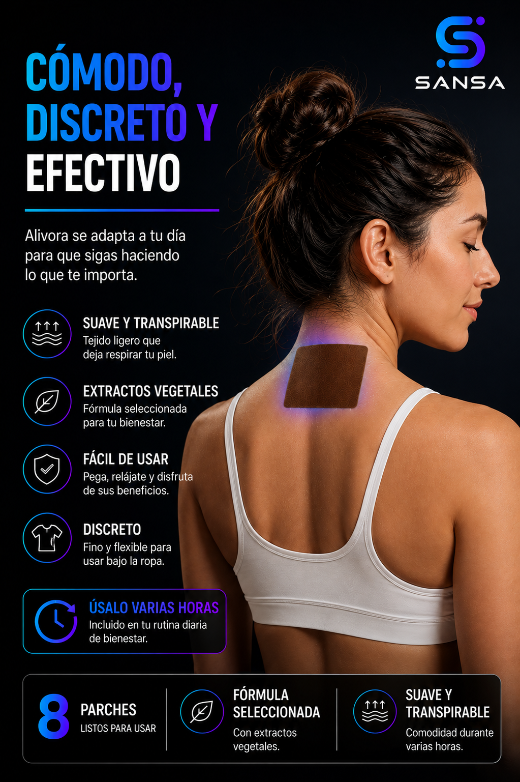 Parche Alivora de aplicación localizada con diseño cómodo y discreto