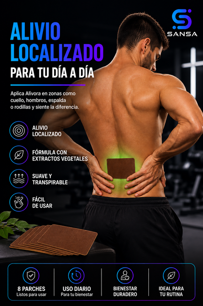 Parches Alivora para alivio localizado en zonas como espalda, cuello y rodillas