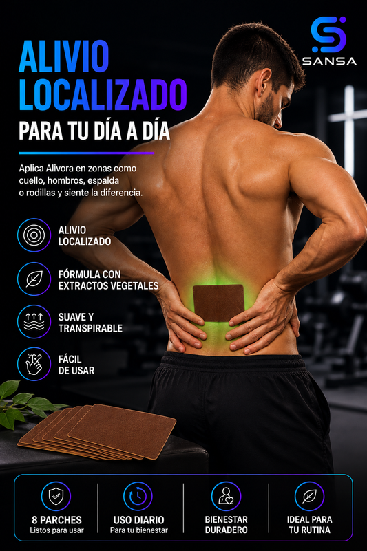 Parches Alivora para alivio localizado en zonas como espalda, cuello y rodillas