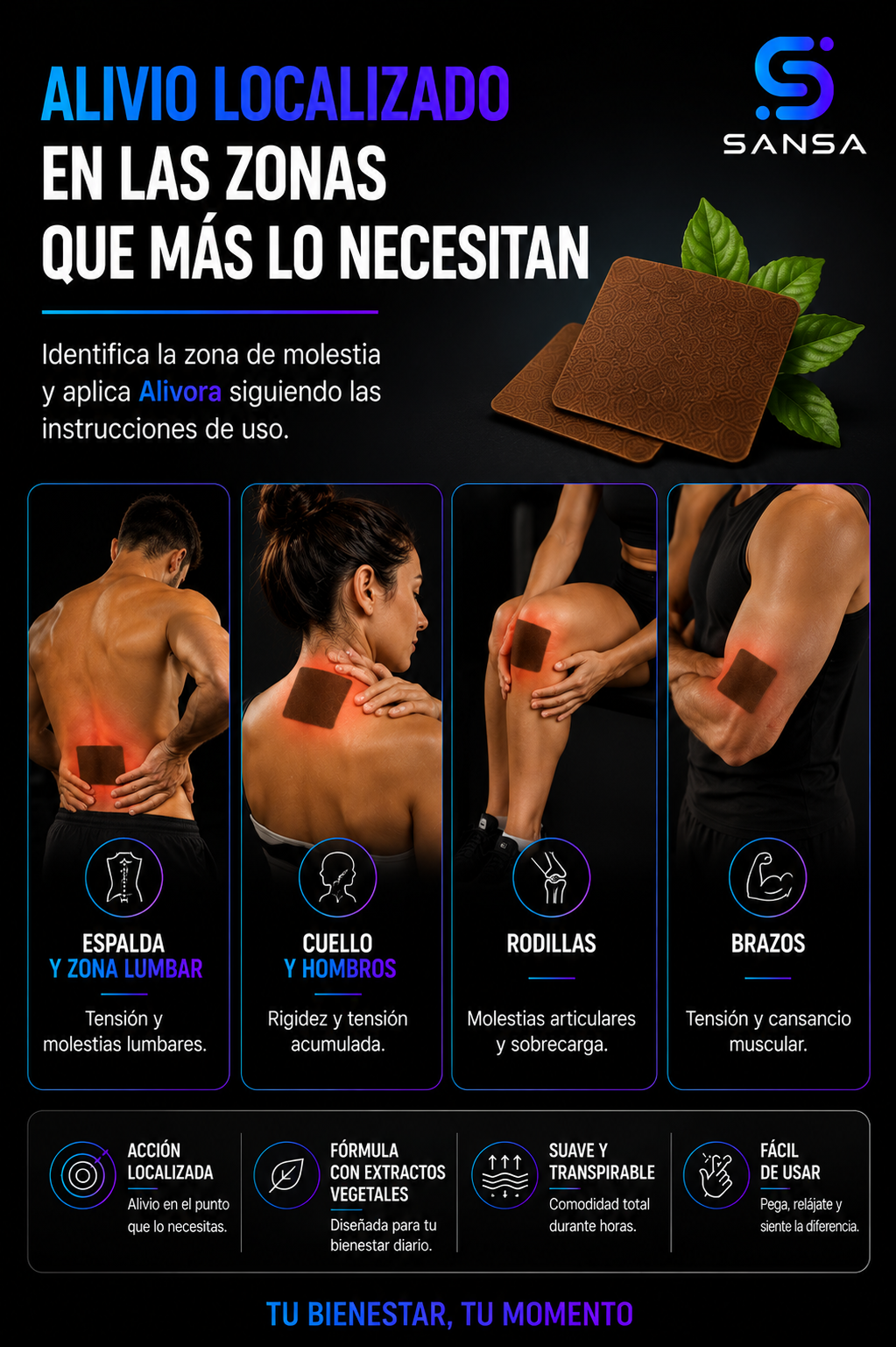 Zonas de aplicación de los parches Alivora en espalda, cuello, hombros, rodillas y brazos