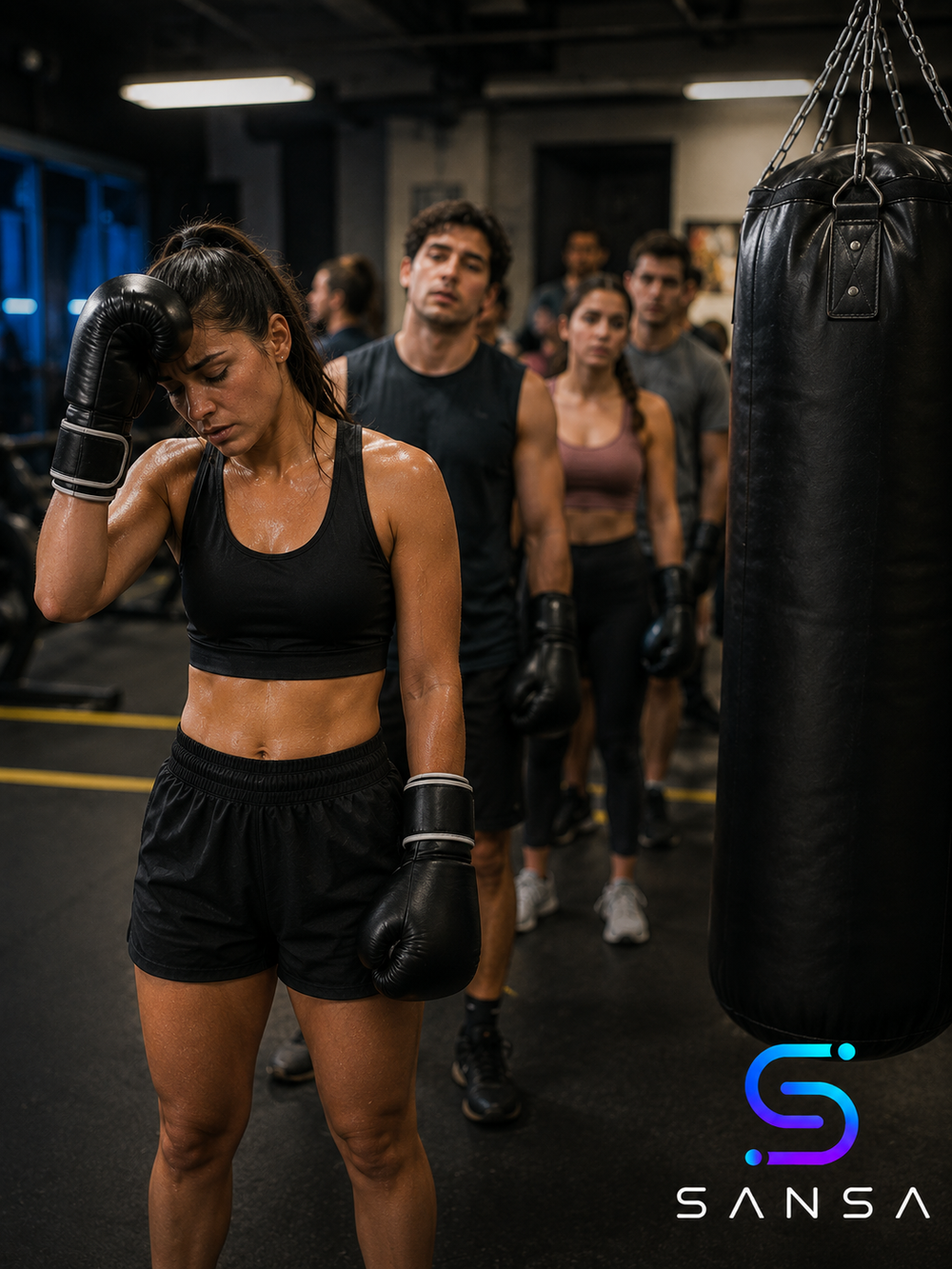 Persona esperando su turno para entrenar con un saco de boxeo en el gimnasio