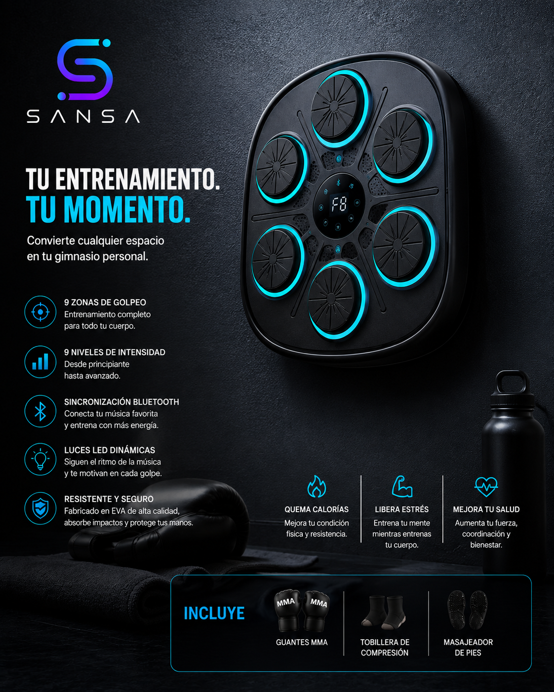 Máquina de boxeo musical PunchBeat con Bluetooth, luces LED y 9 niveles