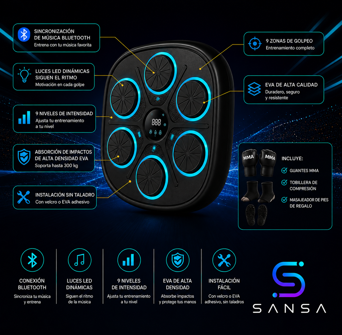 Máquina de boxeo musical PunchBeat con Bluetooth, luces LED y 9 niveles.
