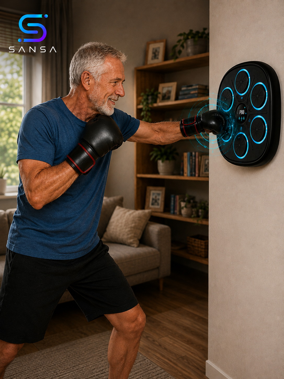Hombre entrenando en casa con la máquina de boxeo musical PunchBeat